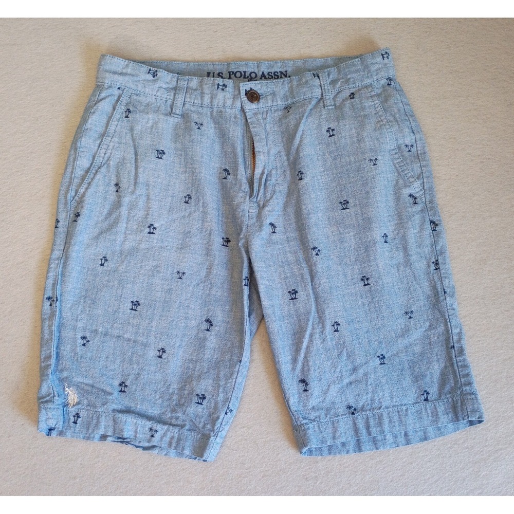 US Polo Assn Men's W30 Flat Front Hartford Shorts Blue 10" Inseam Palm Tree